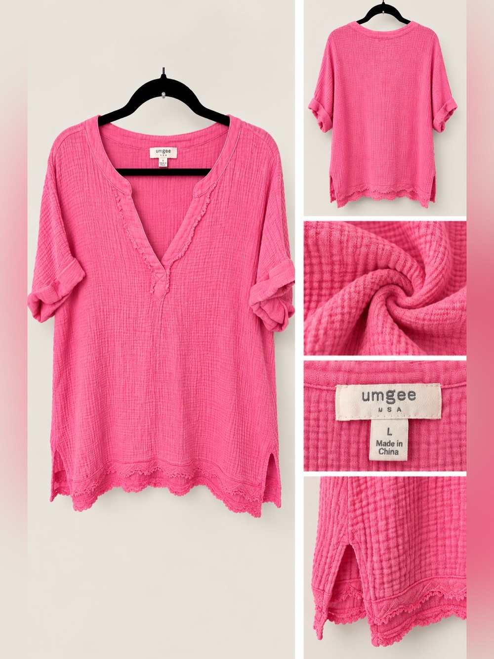 Umgee Hot Pink Textured V-Notch Tunic with Scalloped Hem